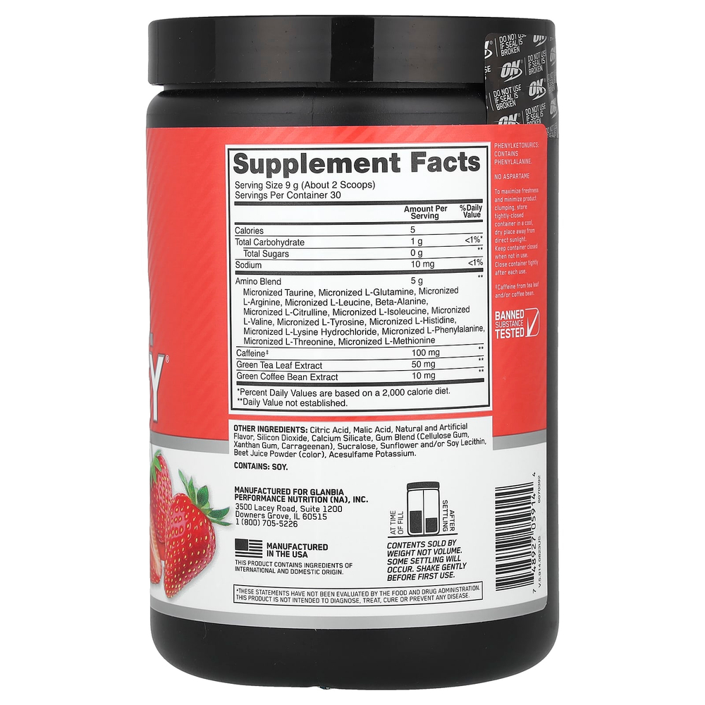 Optimum Nutrition, Essential Amin.O. Energy®, сочная клубника, 270 г (9,5 унции)