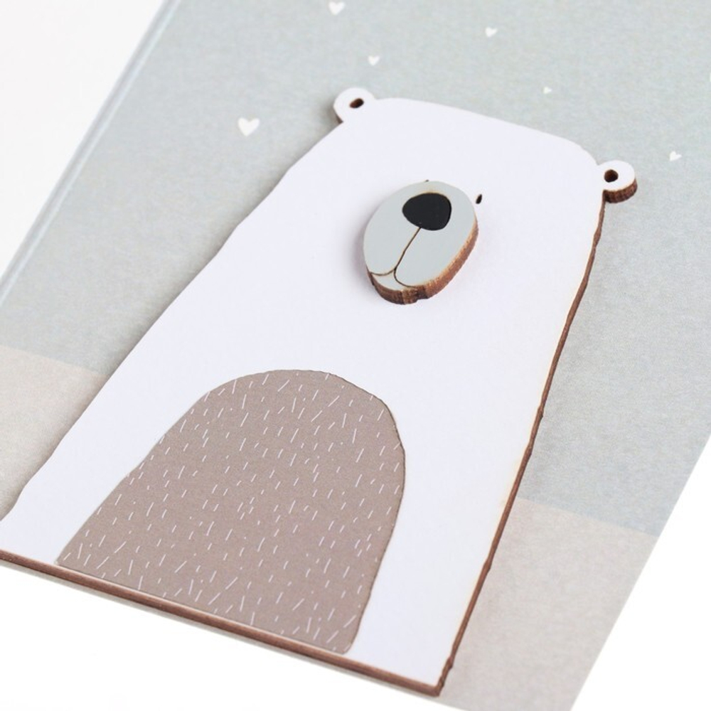 Открытка с деревянным элементом "Поздравляю!" ручная работа, белый тон, серый фон, 14,7х10,5