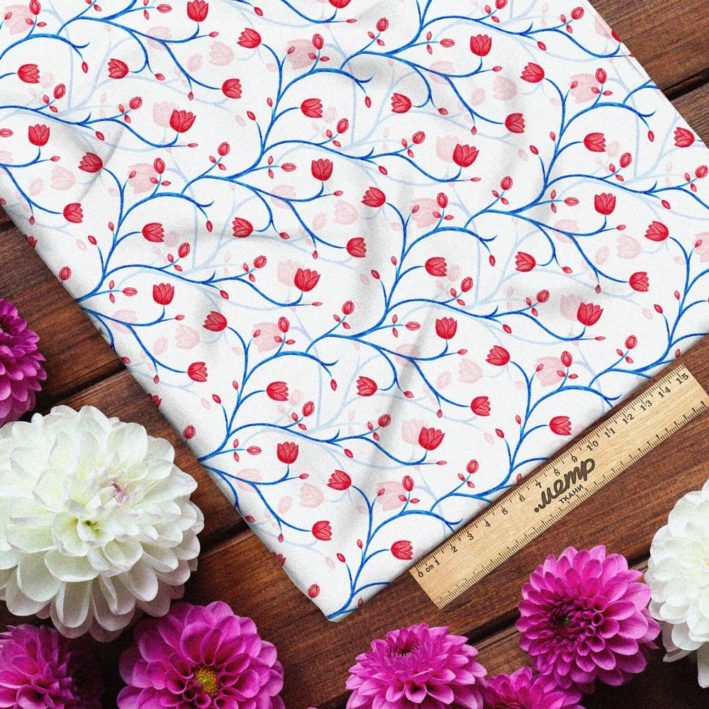 Ткань оксфорд 600 узорные веточки с красными цветами