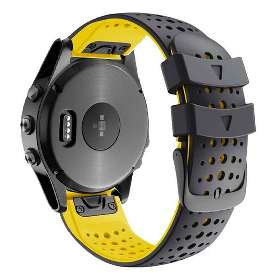 Ремешок дышащий Athlet 22 мм. для Garmin Fenix 7/6/5, EPIX 2, MARQ, Forerunner 935 / 945 / 955 / 965, instinct, instinct 2 двухцветный силиконовый быстросъемный (Черный/желтый)