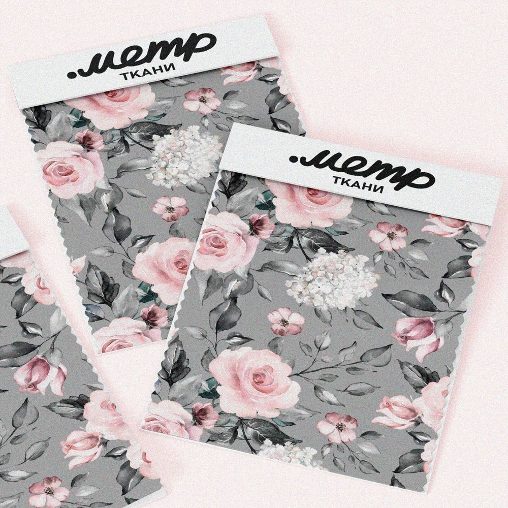 Ткань интерлок бело-розовые цветы на сером