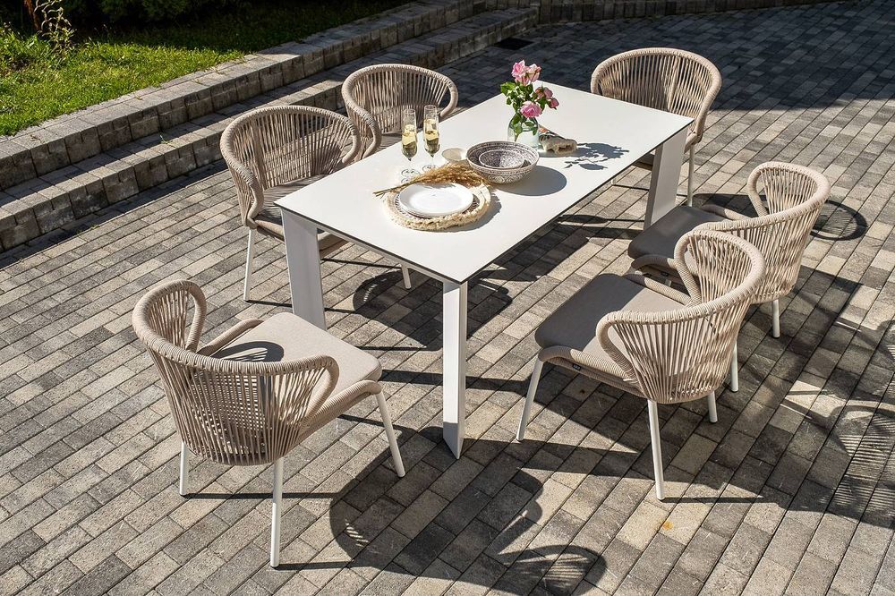 "Венето" обеденная группа на 6 персон со стульями "Милан", каркас белый, роуп бежевый