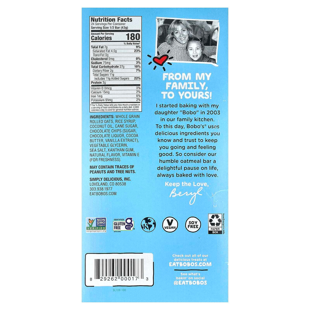Bobo's Oat Bars, Овсяный батончик, шоколадная крошка, 12 батончиков по 85 г (3 унции)