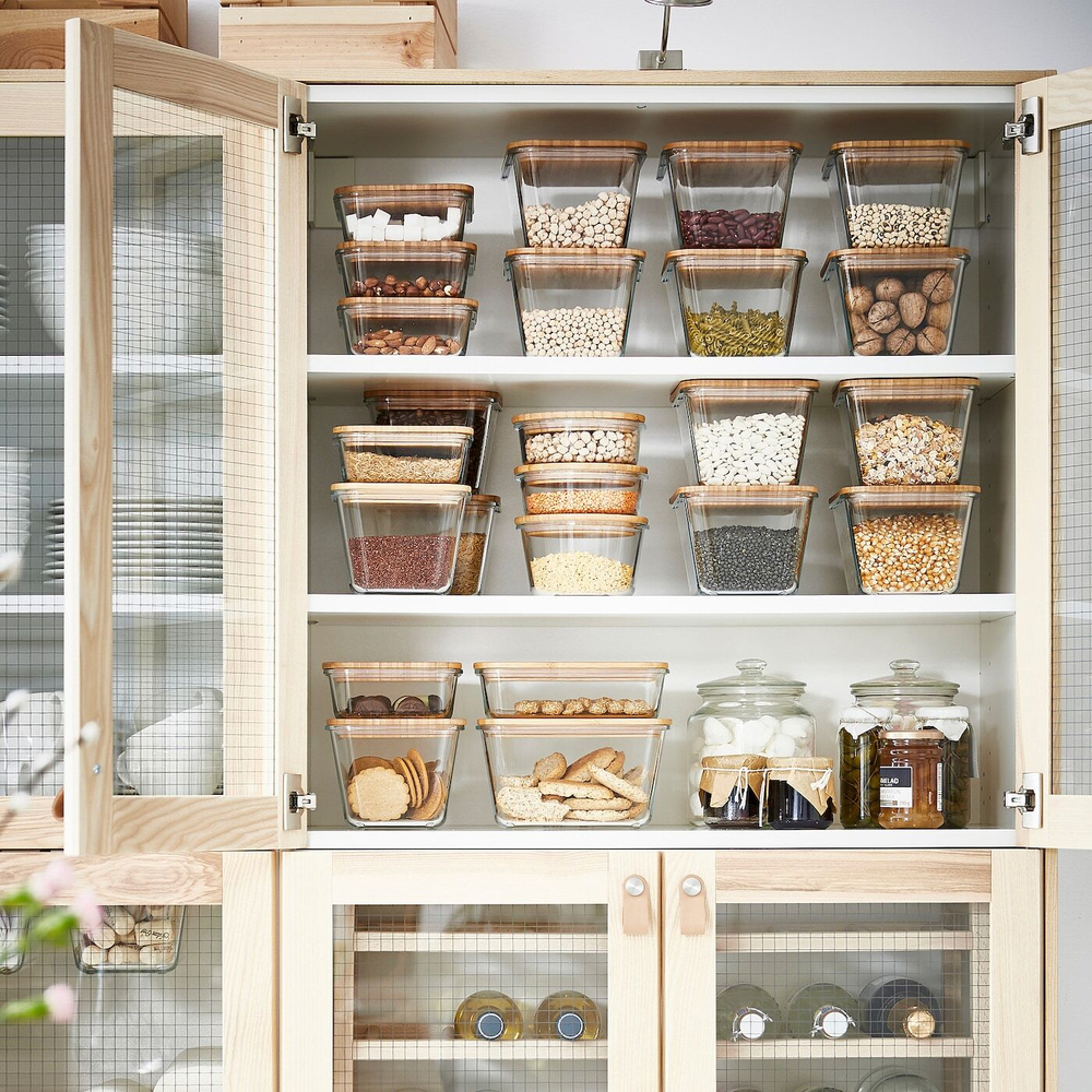 IKEA 365+ Контейнер для продуктов с крышкой, квадратное стекло/бамбук, 600 мл