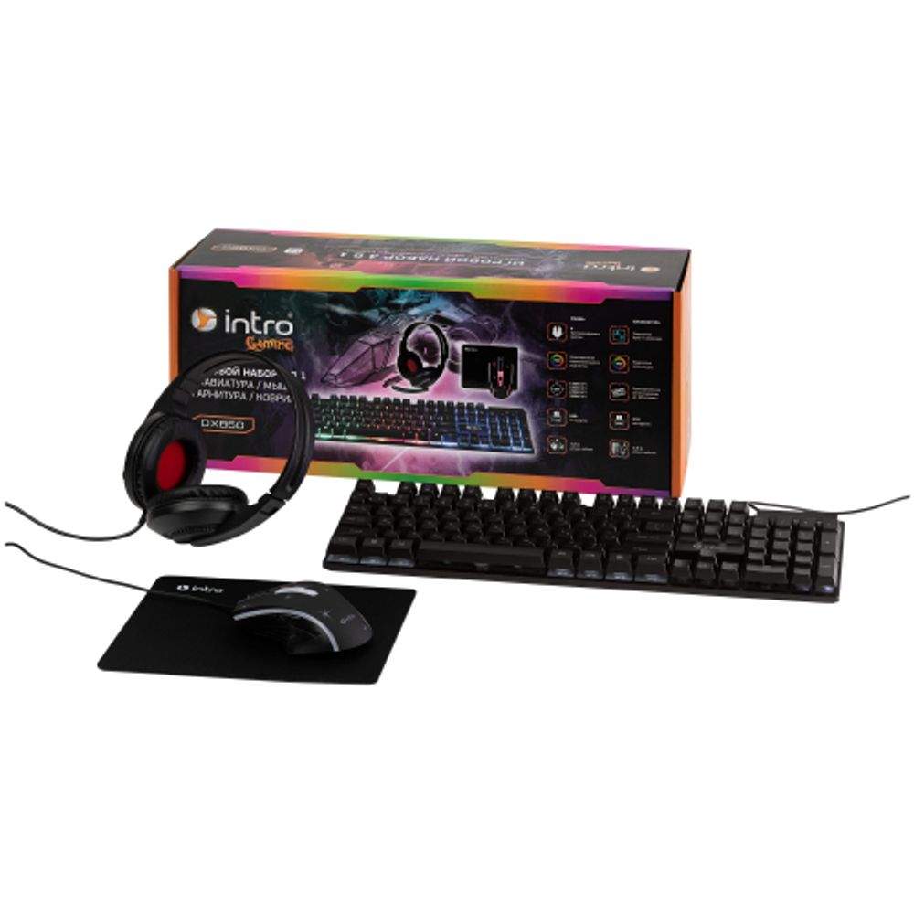 Клавиатура и мышь комплект Intro DX850 игровые 1200-3600dpi + коврик + гарнитура черный