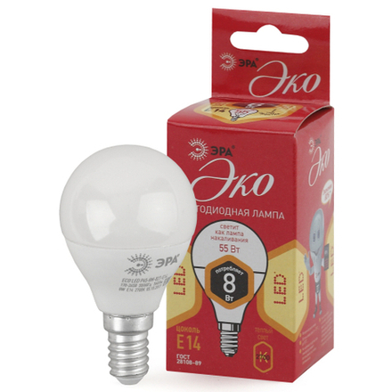 Лампочка светодиодная ЭРА RED LINE ECO LED P45-8W-827-E14 E14 / Е14 8Вт шар теплый белый свет