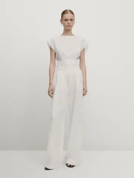 Massimo Dutti Льняные брюки со складками на поясе — Studio, белый