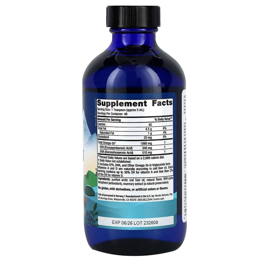 Nordic Naturals, Arctic Cod Liver Oil, масло из печени арктической трески, со вкусом лимона, 1060 мг, 237 мл (8 жидк. унций)