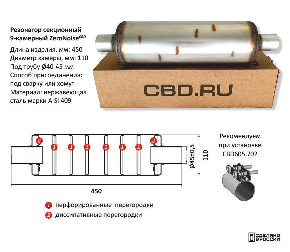 Резонатор ZeroNoise под трубу D45 Нержавеющий AISI 409 CBD512104