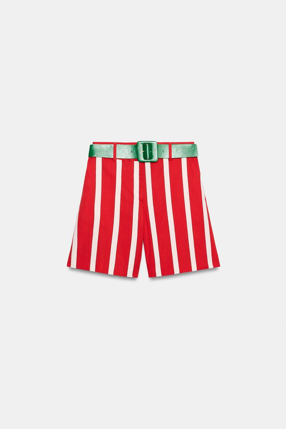 ZARA ШОРТЫ В ПОЛОСКУ С РЕМНЕМ, ЭКРЮ/КРАСНЫЙ