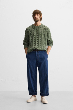 ZARA СВИТЕР С УЗОРОМ «КОСЫ» И ЭФФЕКТОМ ПОТЕРТОСТИ, ЗЕЛЕНЫЙ