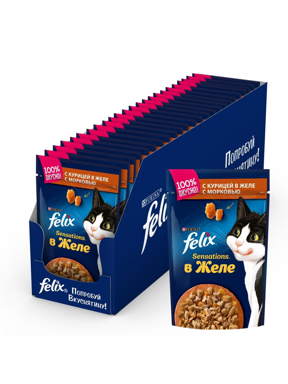 Влажный корм Felix Sensations для кошек, курица в желе с морковью, 26 шт x 85 г