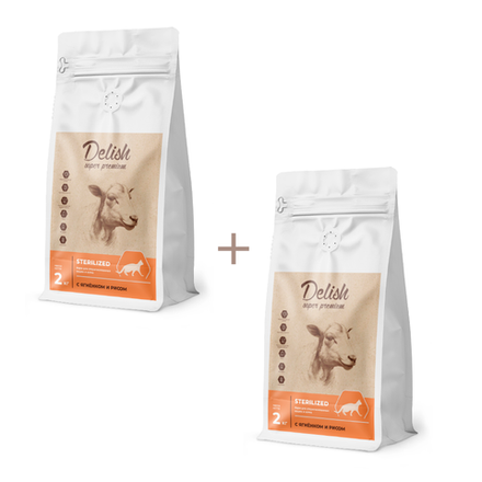 АКЦИЯ 1+1 Сухой корм DELISH super premium для стерилизованных кошек с ягненком и рисом - 2 кг + 2 кг