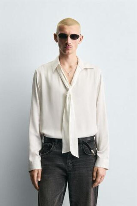 ZARА РУБАШКА ИЗ СТРУЯЩЕЙСЯ ТКАНИ С БАНТОМ, ЖЕЛТОВАТО-БЕЛЫЙ