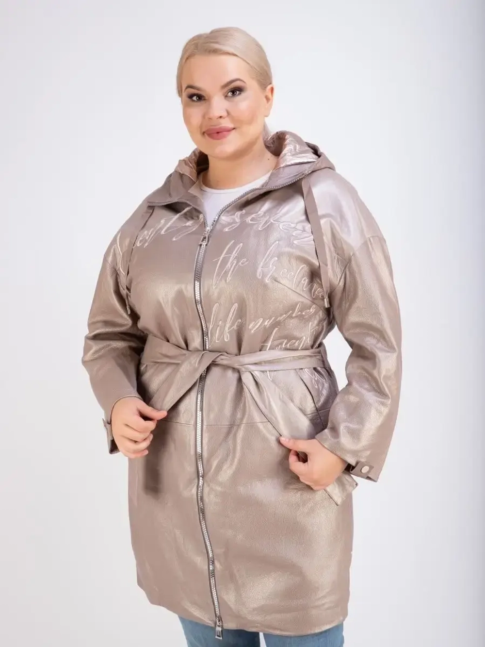 Кожаный плащ длинный с капюшоном пальто