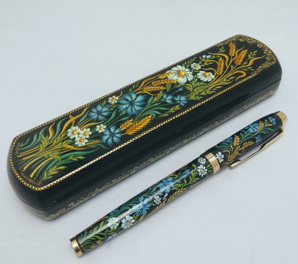 Ручка с росписью Палех в шкатулке "Пшеница с васильками"