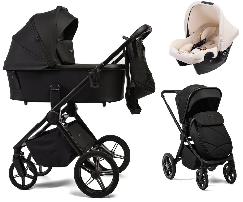 Детская коляска Peppy Monaco 3 в 1 с автокреслом Rise Milk Black (черный), рама черная матовая