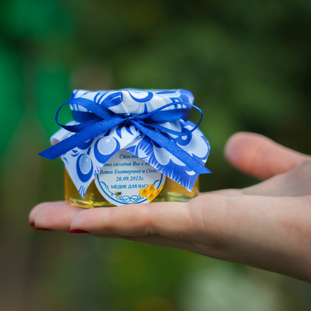 Бонбоньерка с медом на свадьбу, 140 грамм, стиль "Гжель"