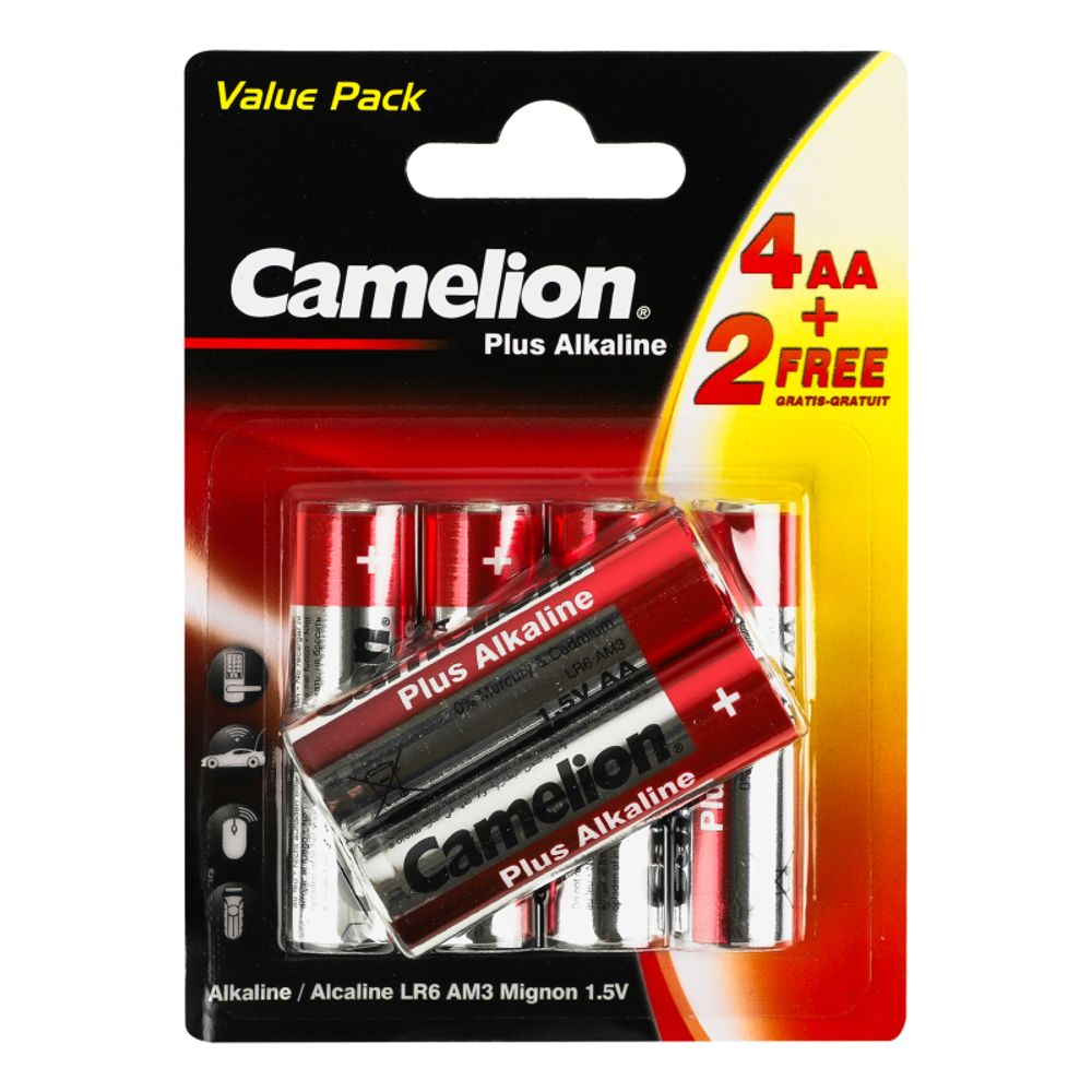 Батарейки АА 4 шт.+ 2 бесплатно (пальч.) Camelion Plus Alkaline LR61,5V щелочная