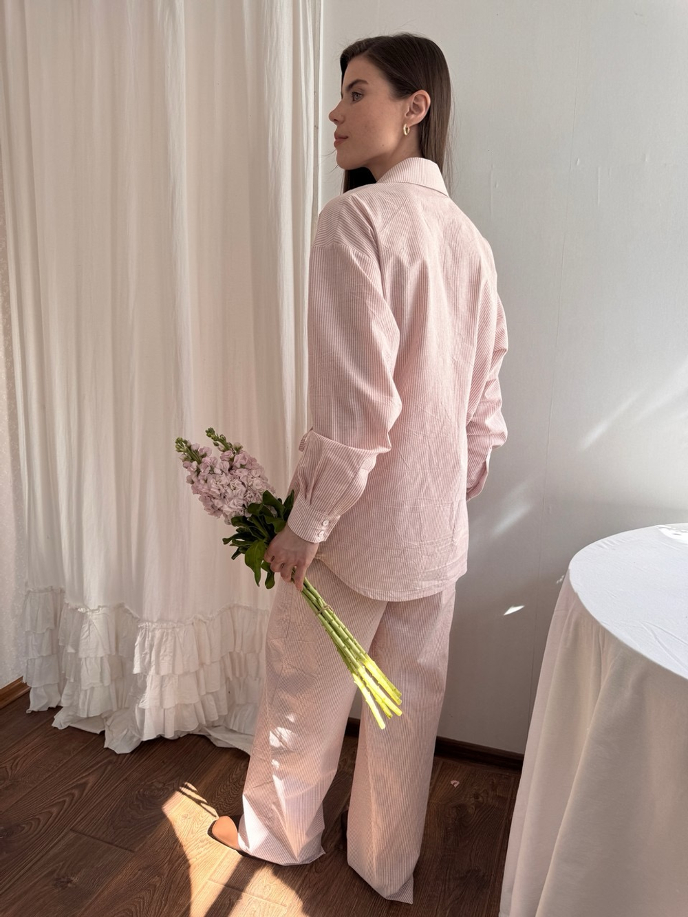 Брюки из вареного хлопка, Пудровый в полоску