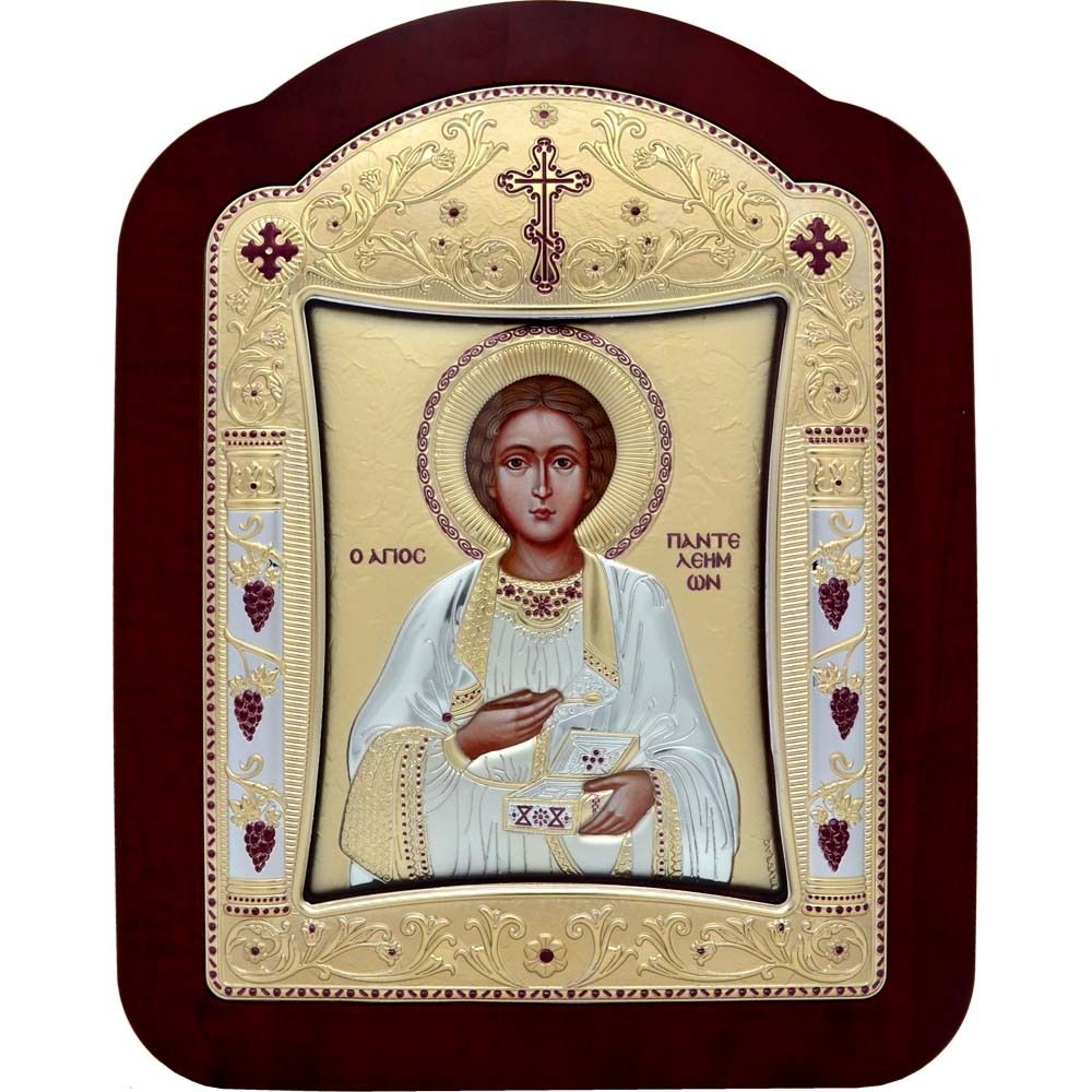 Святой Пантелеймон Целитель. Икона в серебряном окладе.