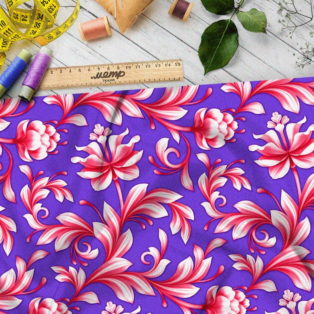 Ткань мембрана розовая королевский узор на фиолетовом фоне