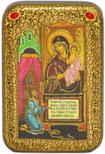 Инкрустированная икона Божией Матери «Нечаянная Радость» 15х10см на натуральном дереве в подарочной коробке