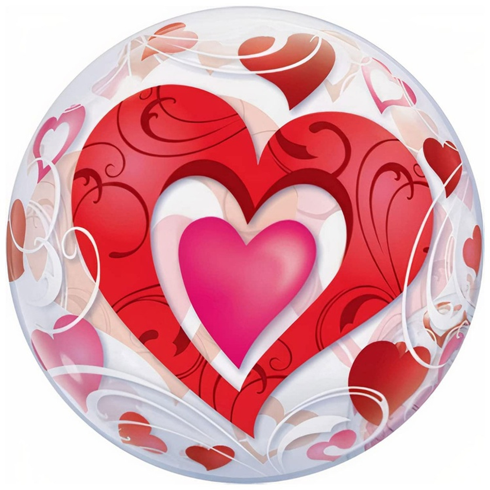 Шар Фольгированный Сердца красные и Завитки Bubble Прозрачный (Красный)