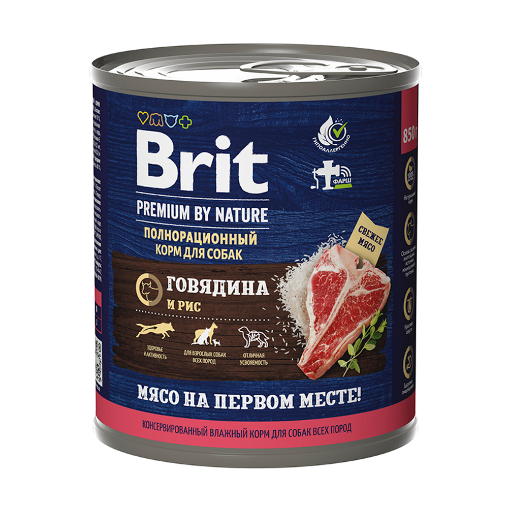 Влажный корм Brit Premium by Nature говядина и рис 850г для собак всех пород