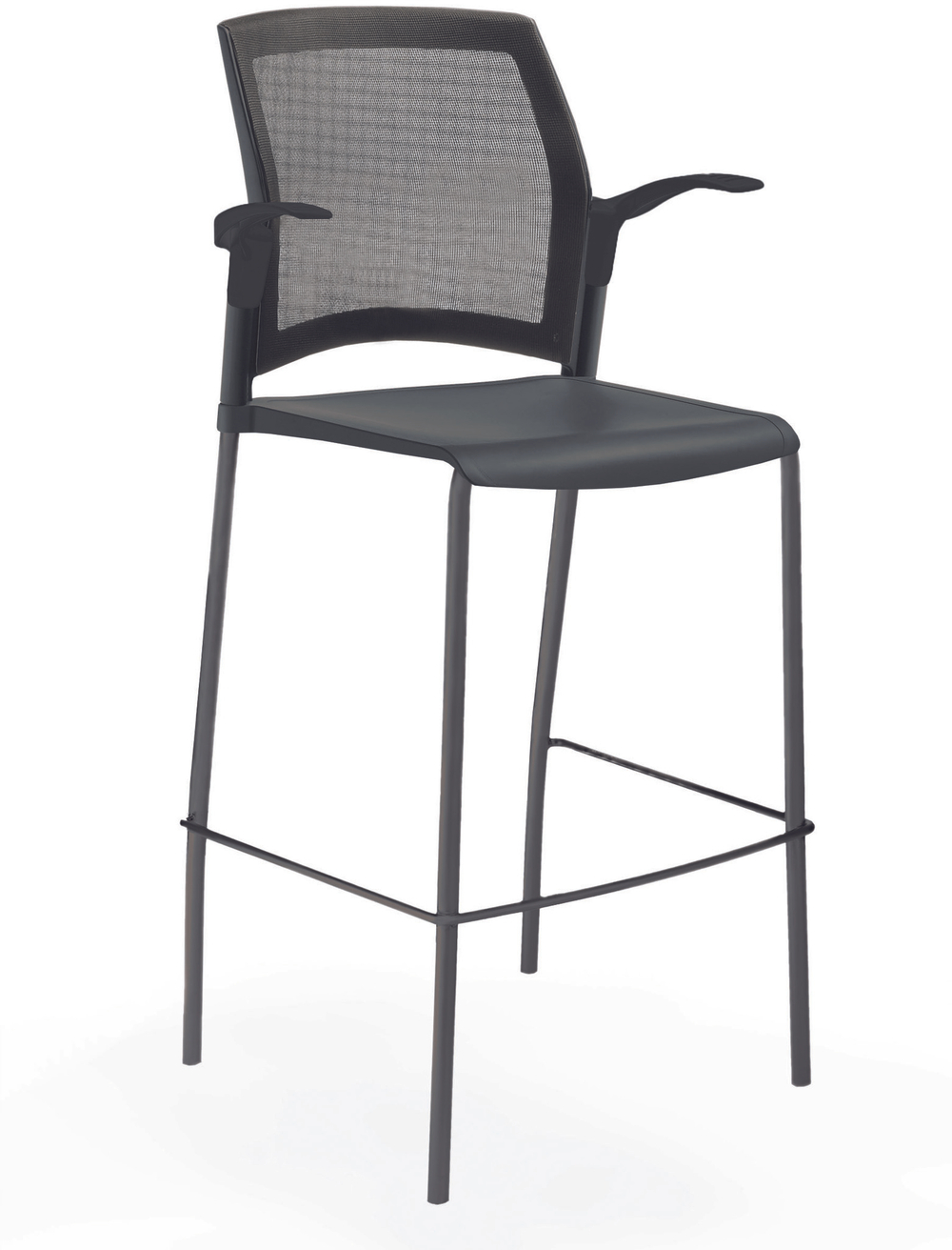 стул Rewind стул барный на 4 ногах, каркас черный, пластик черный, спинка-сетка, с открытыми подлокотниками