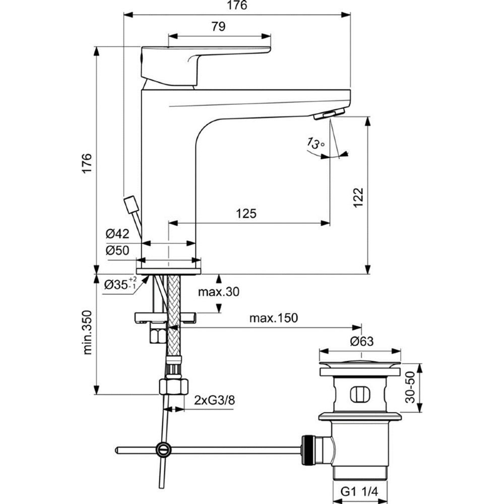 Однорукоятковый смеситель для умывальника с металлическим донным клапаном Ideal Standard CERAFINE O BC699XG
