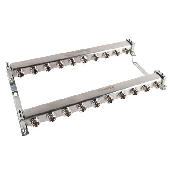 Коллектор Rommer 1"x3/4" на 12 контуров для радиаторной разводки (нерж. сталь) RMS-4401-000012