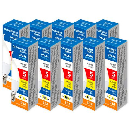 LED-CW37-5W-3000K-E14-FR-SLS Набор из 10штук Лампа светодиодная. Форма свеча на ветру. матовая. Серия Optima. Теплый белый свет 3000K. ТМ Volpe