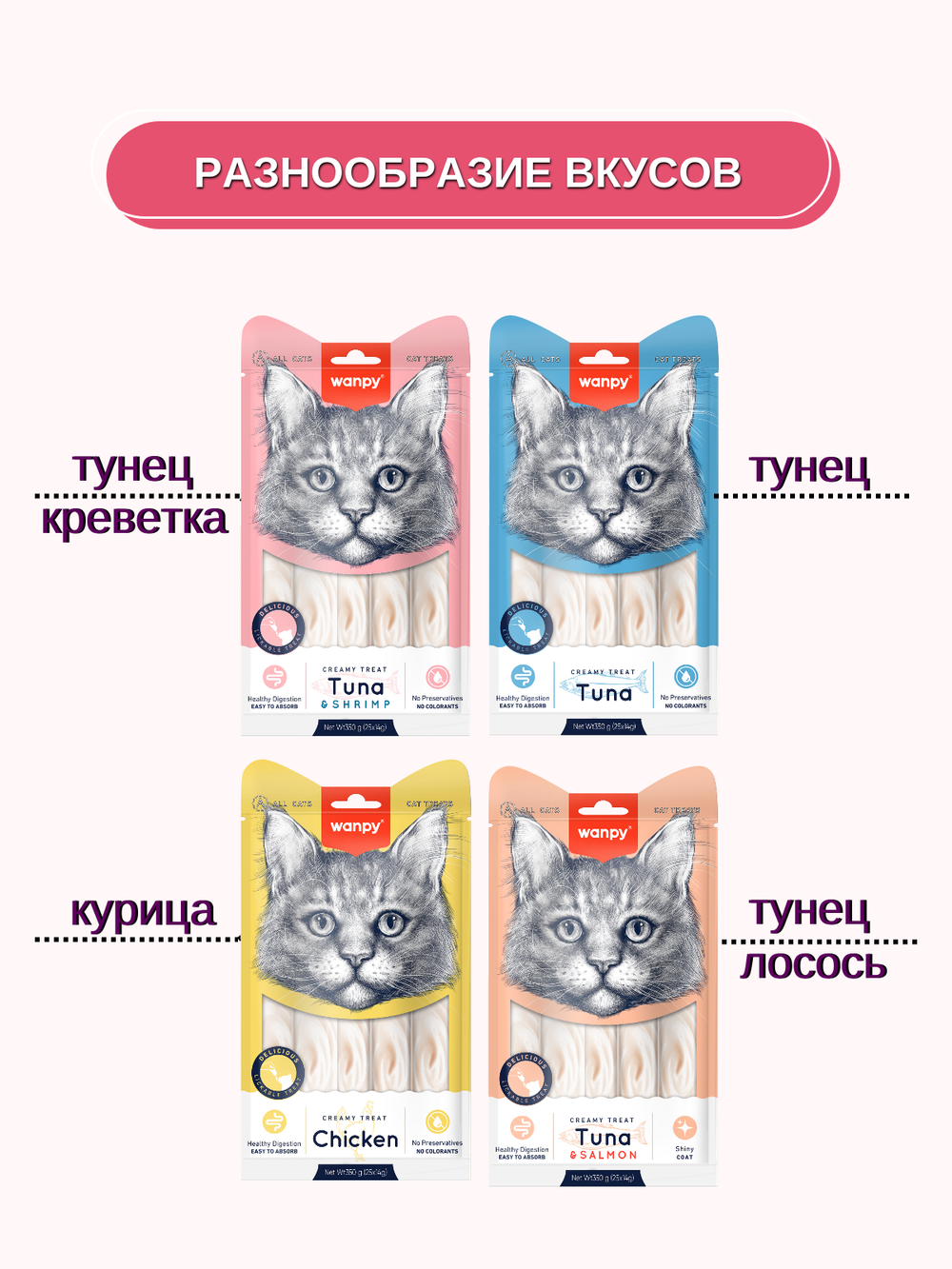 Wanpy Cat Лакомство для кошек "нежное пюре" из тунца и креветками 25 шт х14 г