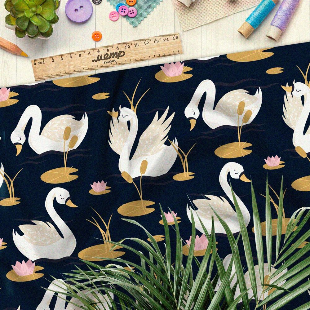 Ткань шелк Армани белые лебеди с кувшинками на чёрном фоне