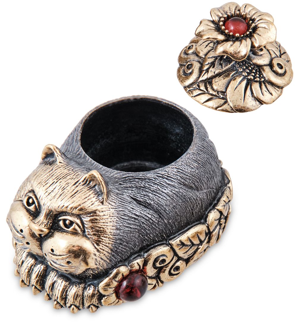 Народные промыслы AM-3955 Шкатулка «Кот в цветах» (латунь, янтарь)