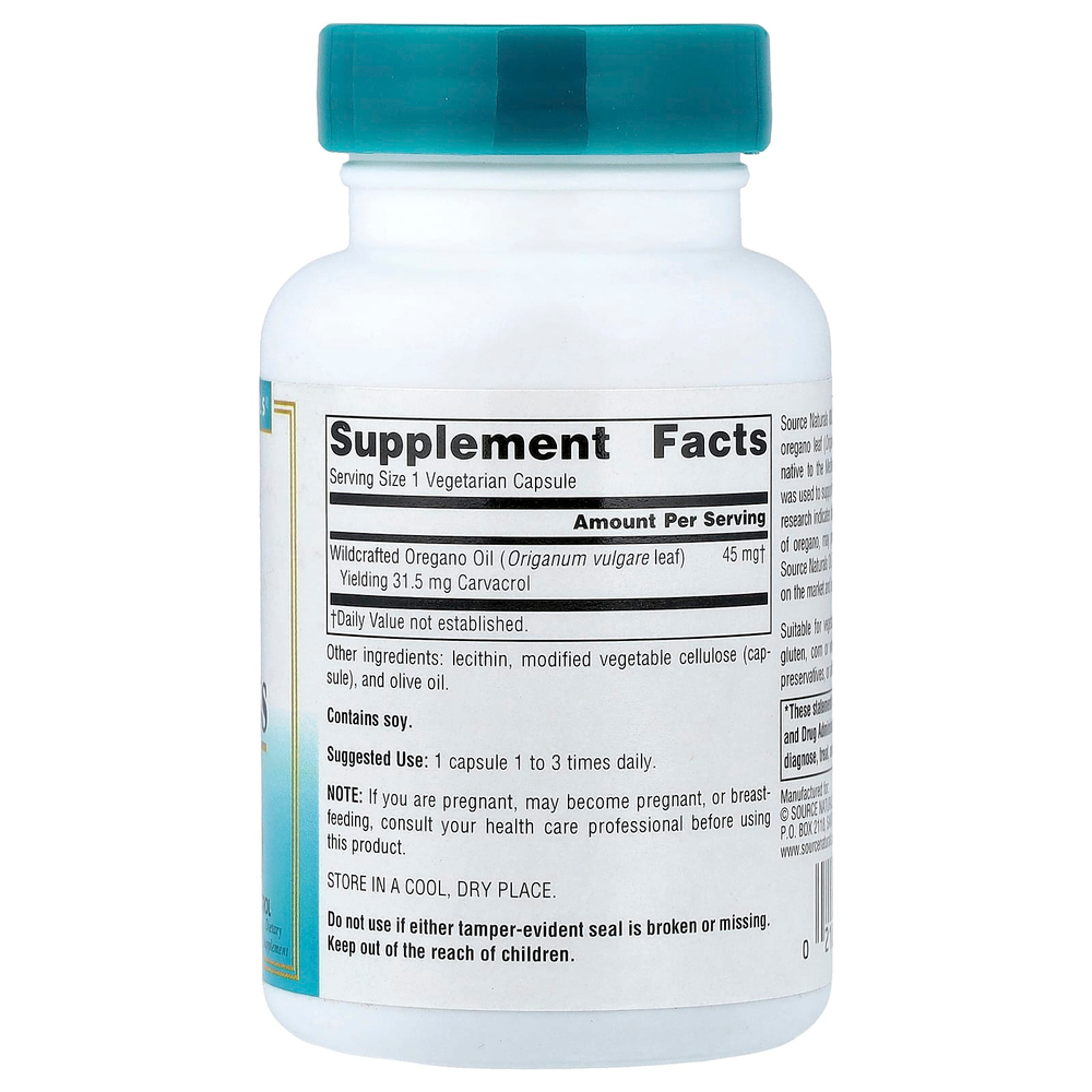 Source Naturals, Wellness, масло орегано, 60 вегетарианских капсул (45 мг в 1 капсуле)