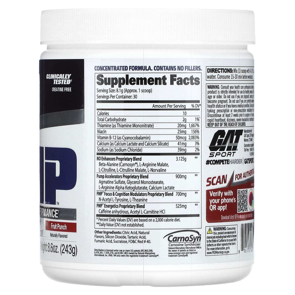 GAT, PMP, без СТМ, Peak Muscle Performance, со вкусом фруктового пунша, 243 г (8,6 унции)