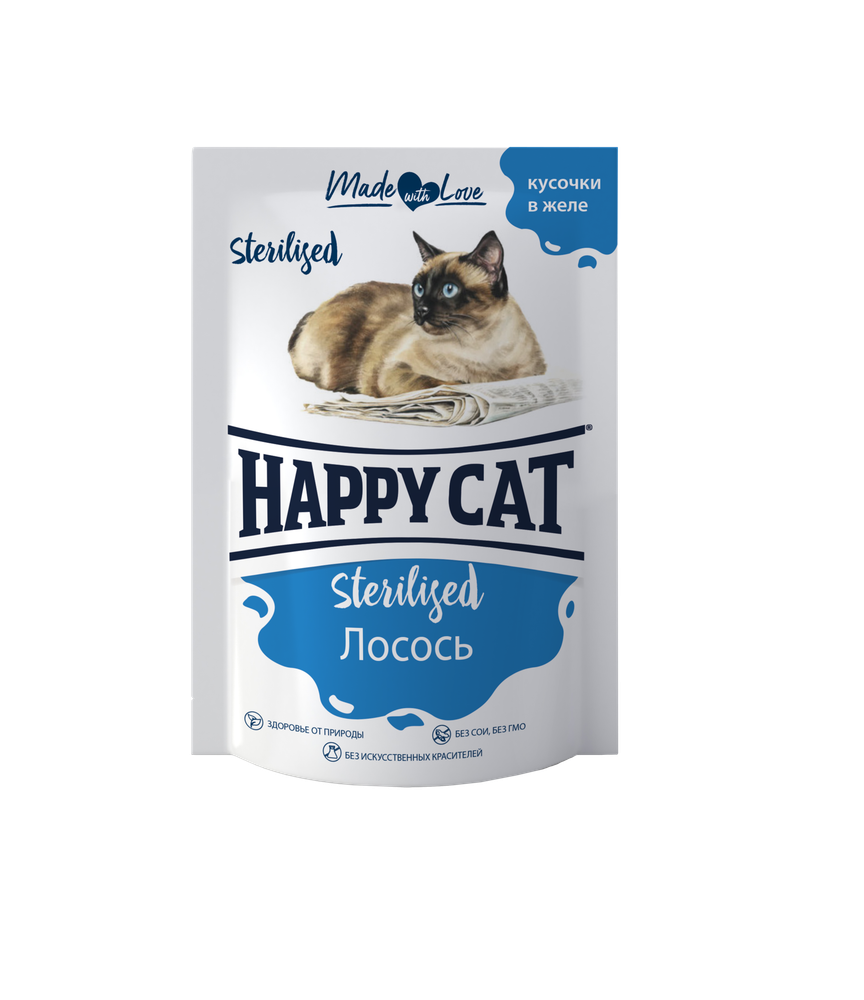 Паучи Happy Cat для стерилизованных кошек лосось кусочки в желе 24х85г