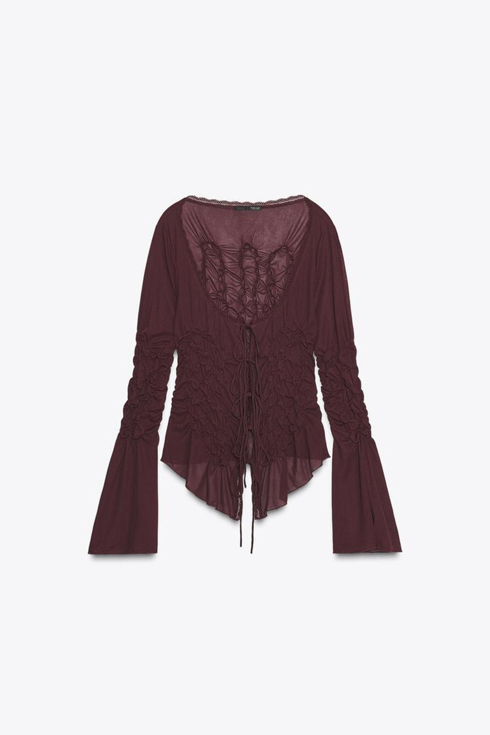 ZARA ТОП С ЗАВЯЗКАМИ И ЭЛАСТИЧНЫМИ СБОРКАМИ, ГРАНАТОВЫЙ