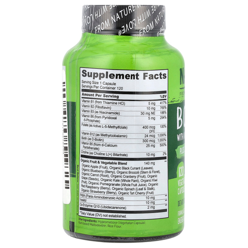NATURELO, комплекс витаминов группы B со смесью фруктов и овощей, с коэнзимом Q10, 120 вегетарианских капсул
