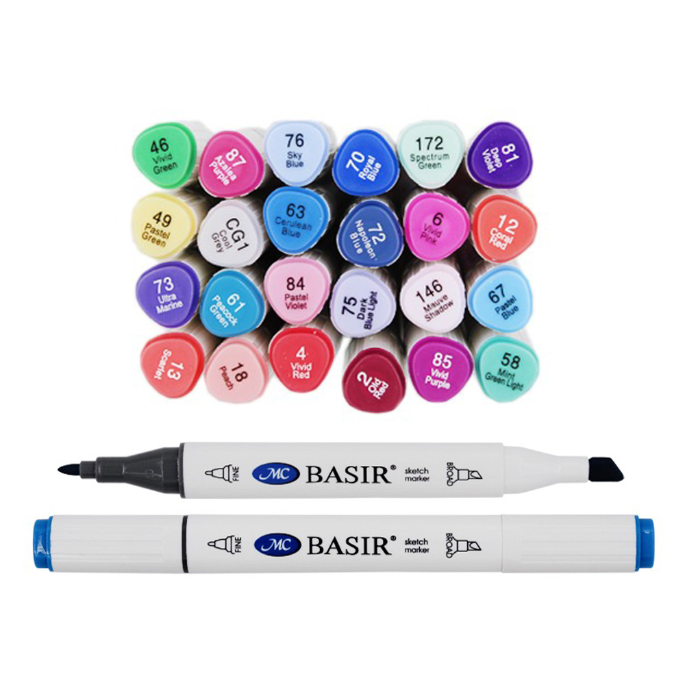Маркер для скетчинга, двусторонние, Basir, серия "Спокойные тона", трёхгранные, 14 мм, спиртовые, 24 шт