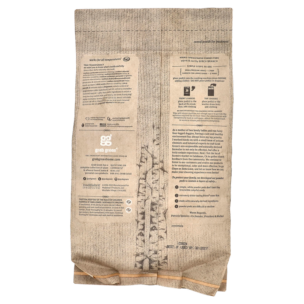 Grab Green, Stoneworks®, стиральные порошки в капсулах, березовая ветка, 50 порций, 750 г (1,65 фунта)
