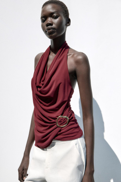 ZARA ДРАПИРОВАННЫЙ ТОП С ПРЯЖКОЙ, ЦВЕТ БУРГУНДСКОГО ВИНА