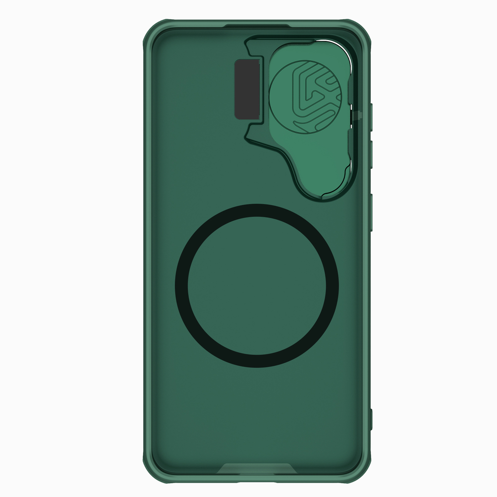 Чехол зеленого цвета (Deep Green) от Nillkin на Samsung Galaxy S24+ Plus с металлической откидной крышкой и поддержкой магнитной беспроводной зарядки MagSafe, серия CamShield Prop Magnetic Case