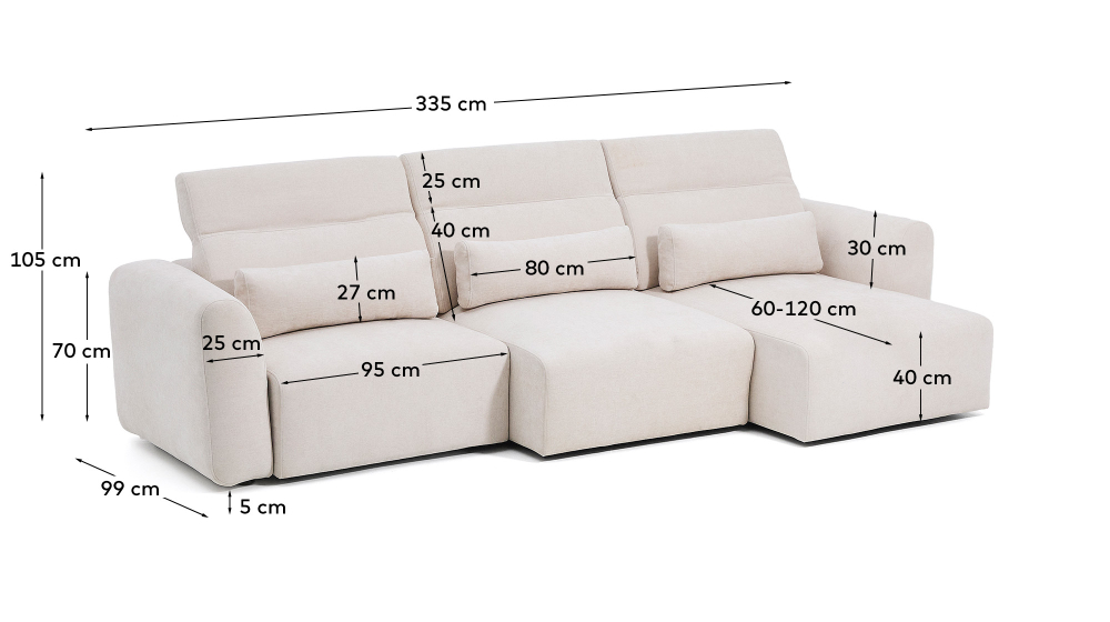 5-местный диван Lares с реклайнером и откидным подголовником из бежевого шенилла, 335 см