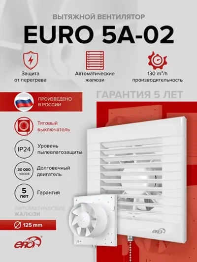 Вентилятор накладной EURO D125 тяг.выкл. авт.жалюзи ERA