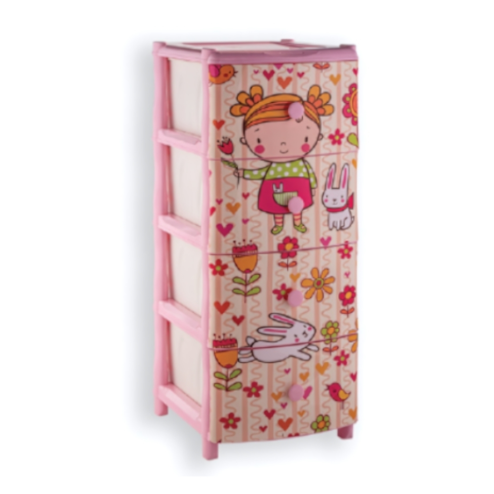 Комод "Элластик" 4 ящика с рисунком на фасаде "Девочка", ножки на колесиках