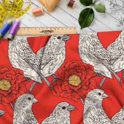 Ткань премиум дюспо белые птицы на красном