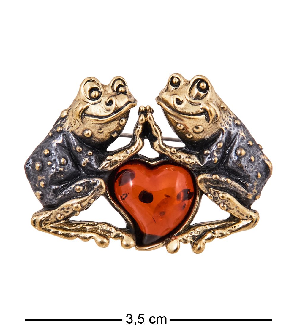 AM-3886 Брошь «Лягушки влюбленные» (латунь, янтарь)